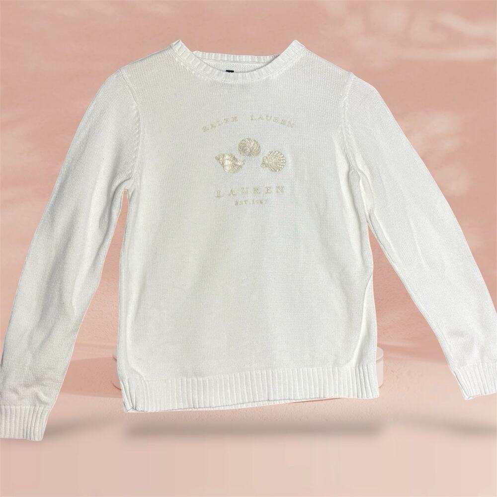 Ralph Lauren Petite White Sweater P/P Embroidered Shell Logo Coastal Preppy